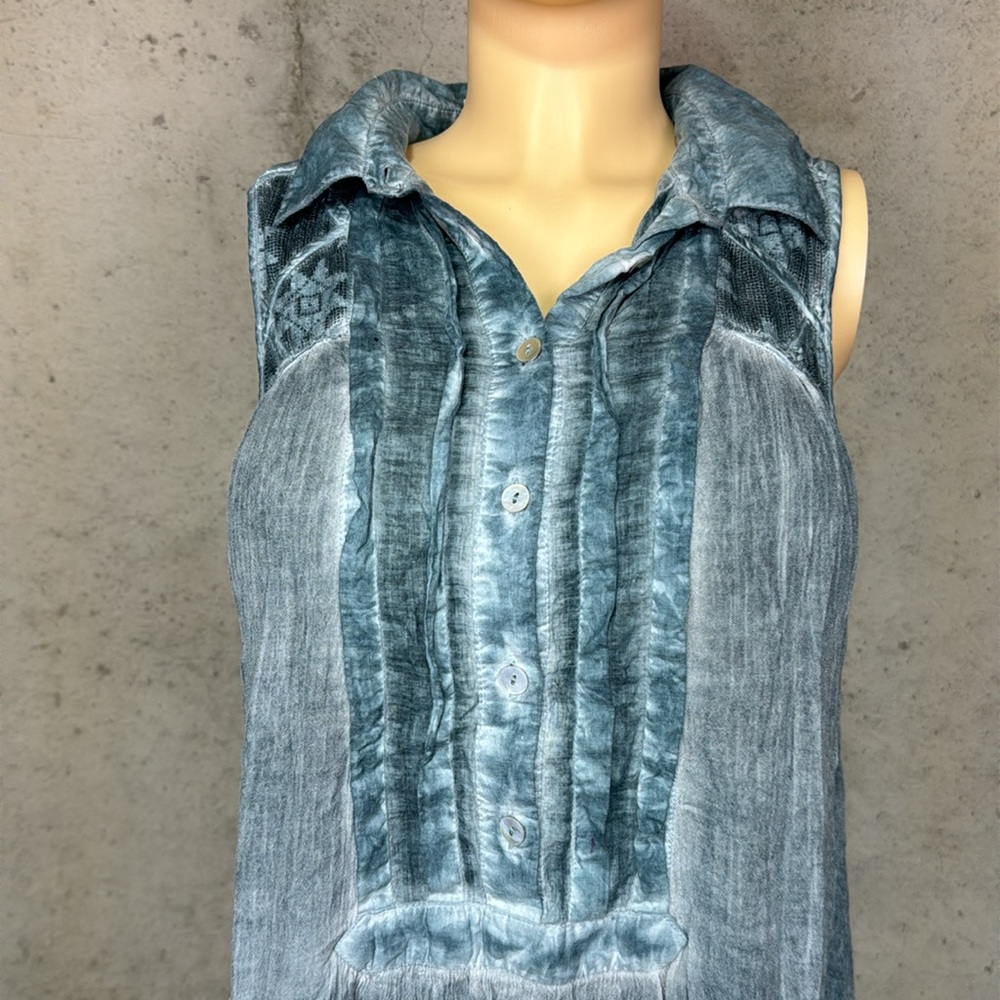 Free People Oversized Gauze Linen Flowy Collared Tank Top Washed Blue M - Picture 3 of 9